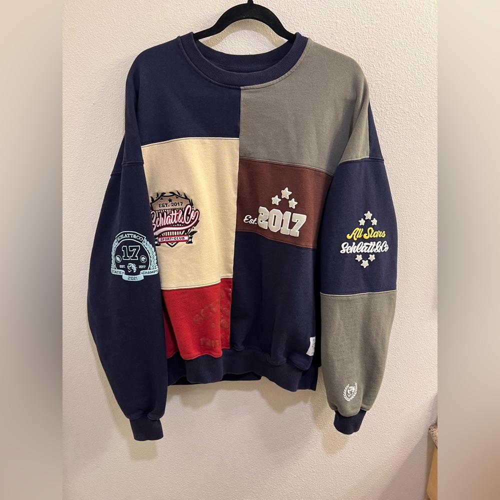 Schlatt & Co Merch Patchwork College Crew Neck Graphic Sweatshirt 2XL